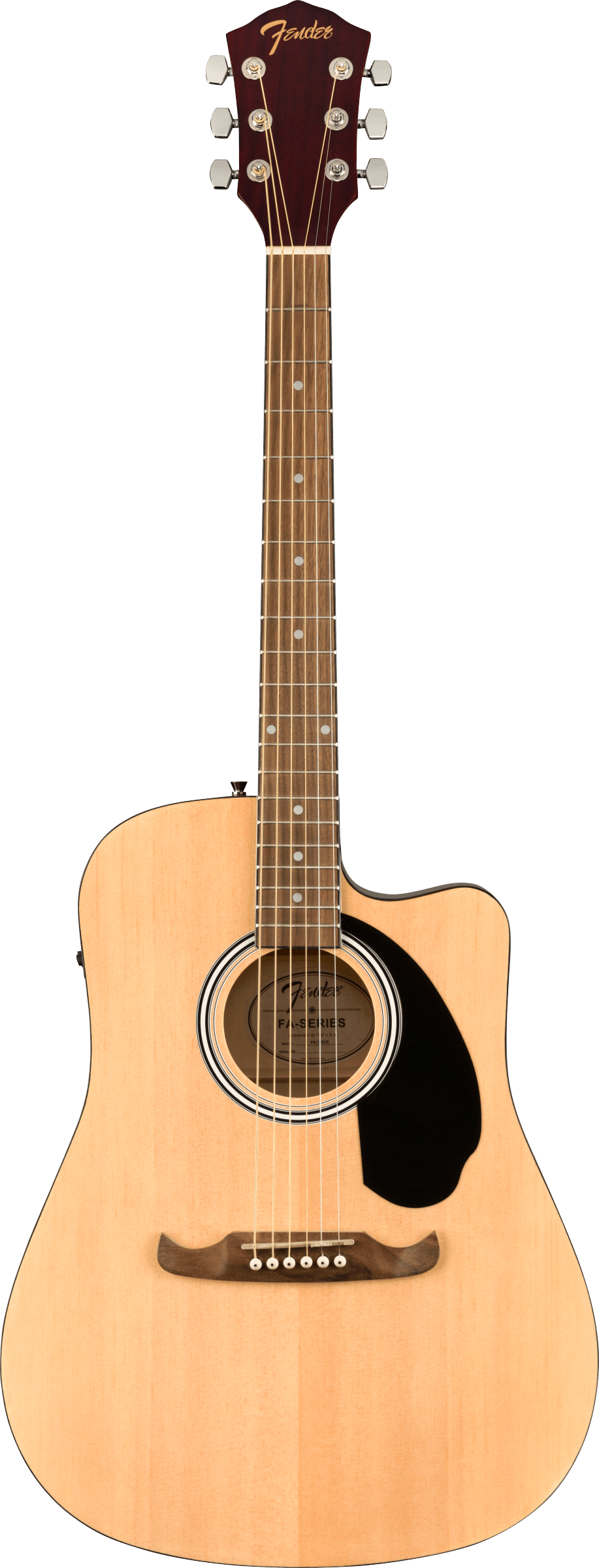 The image shows a Fender dreadnought acoustic guitar with a single cutaway and natural light wood top. It features a round soundhole with ring inlays, black teardrop pickguard, natural wood bridge with white pins, rosewood fretboard with dot markers, and chrome tuning pegs. The dark wood headstock displays the Fender logo in gold. Visible electronics indicate it is an acoustic-electric model, offering versatility for amplified and acoustic playing.