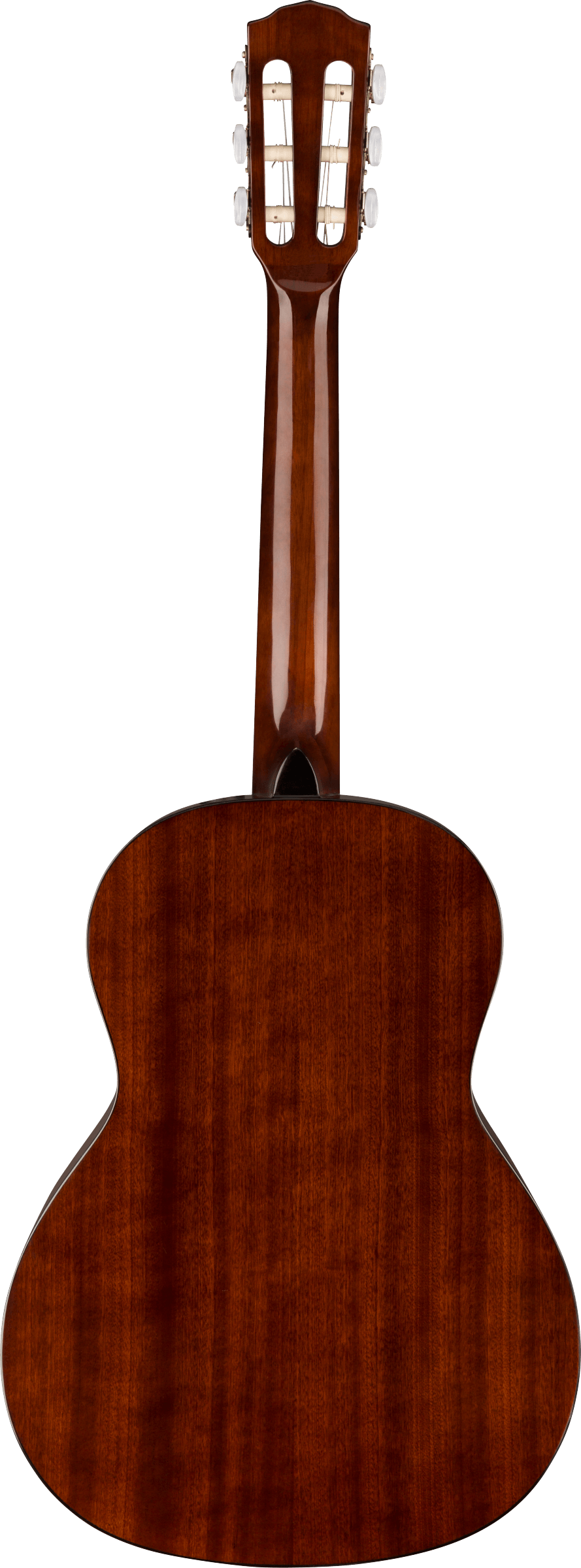 The image shows the back view of a classical guitar with a warm brown wood finish and visible grain. It features the traditional curved body shape, a long neck, and a headstock with six tuning pegs in a 3+3 layout and multiple slots. The wood resembles mahogany, highlighting fine craftsmanship typical of quality classical guitars suitable for serious performance.