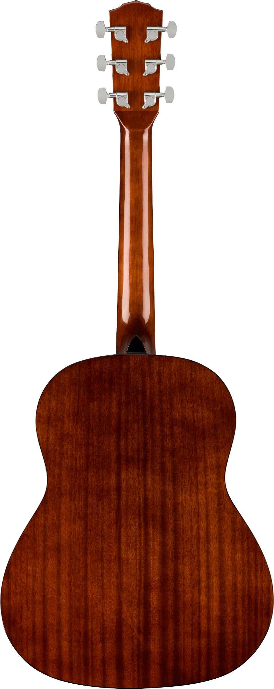 The image shows the back of a 6-string acoustic guitar with a reddish-brown, glossy wooden body. It features a headstock with six white/silver tuning pegs (3 per side) and a visible wood grain on the neck and body. The classic shape includes a dark circular sound hole visible from this angle, highlighting the craftsmanship and quality typical of mahogany or similar hardwood instruments.