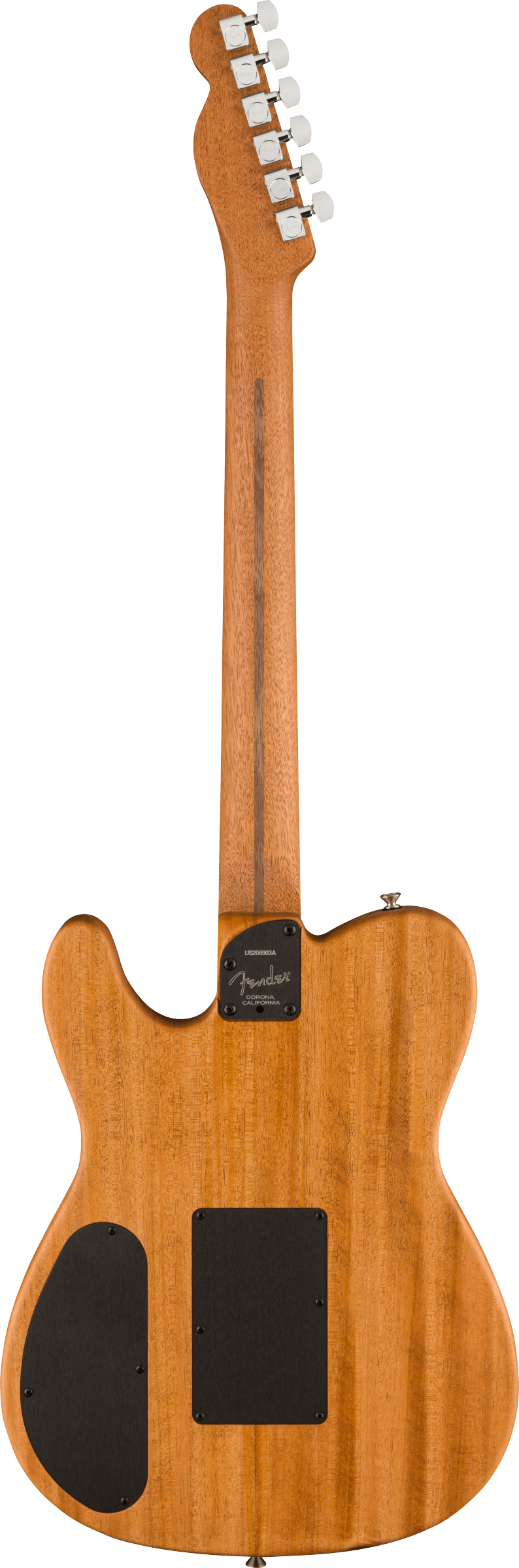 The image shows the back of a Fender Telecaster-style electric guitar with a natural ash or alder wood finish and visible grain. It features a classic single-cutaway body, bolt-on neck with a branded Fender neck plate, six chrome tuning machines on a traditional headstock, a dark control cavity cover, and string ferrules. The design is clean, minimalist, and reflects professional-grade construction typical of this iconic guitar.