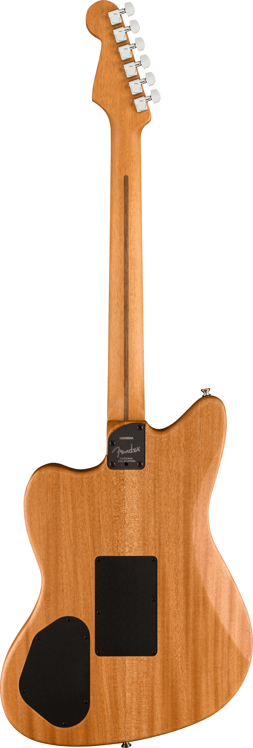 The image shows the back of a Fender electric guitar, likely a Telecaster, with a natural wood finish displaying visible grain. It features a classic Fender headstock with six chrome tuning pegs and white buttons, a bolt-on neck joint with a neck plate, and black rectangular cavities possibly for pickups or electronics. The design reflects the iconic American guitar known for its bright tone and durable construction since the 1950s.