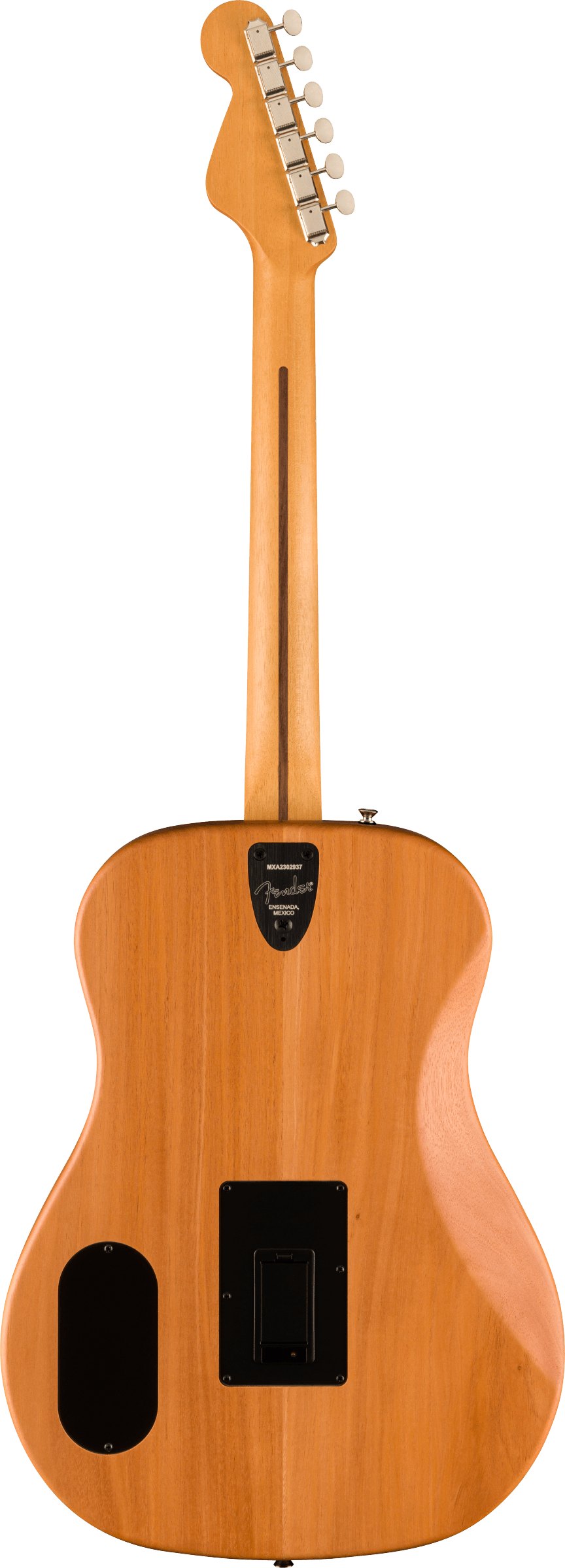 The image shows the back of a Fender Telecaster-style electric guitar with a natural blonde wood finish. It features a classic single-cutaway body, chrome tuning pegs in a row on the headstock, a black control cavity cover, and an oval battery compartment. A small black electronics module is mounted on the back, indicating active pickups or a preamp system. The guitar blends traditional design with modern electronics.