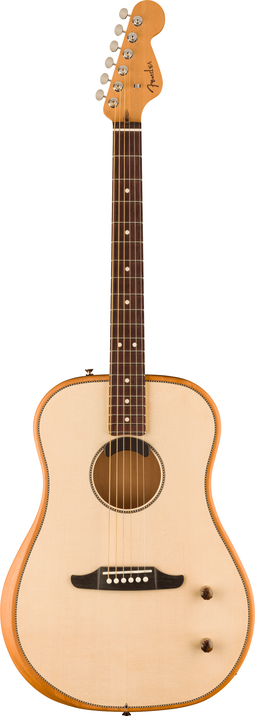The image shows a Fender steel-string acoustic guitar with a natural wood finish and dreadnought body shape. It features a Fender logo on the light-colored headstock, six chrome tuning pegs, a dark rosewood fretboard with dot inlays, a circular sound hole with a decorative rosette, and a dark wood bridge. The guitar is photographed against a white background, typical of product catalog images.