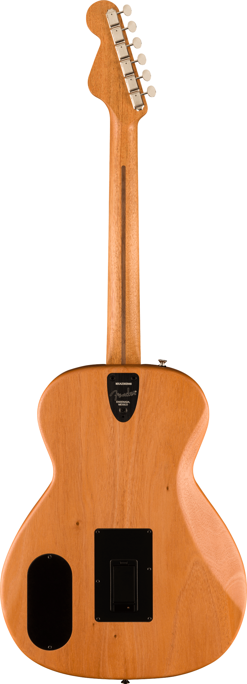 The image shows the back view of an acoustic-electric guitar with a natural honey-colored wood finish. It features six cream tuning pegs (3 per side), a long neck with a darker center strip, and a classic curved body. Visible electronics include a black control panel with volume/tone controls, a side soundport, black mounting hardware, and a small label, highlighting quality craftsmanship and versatility for unplugged or amplified play.