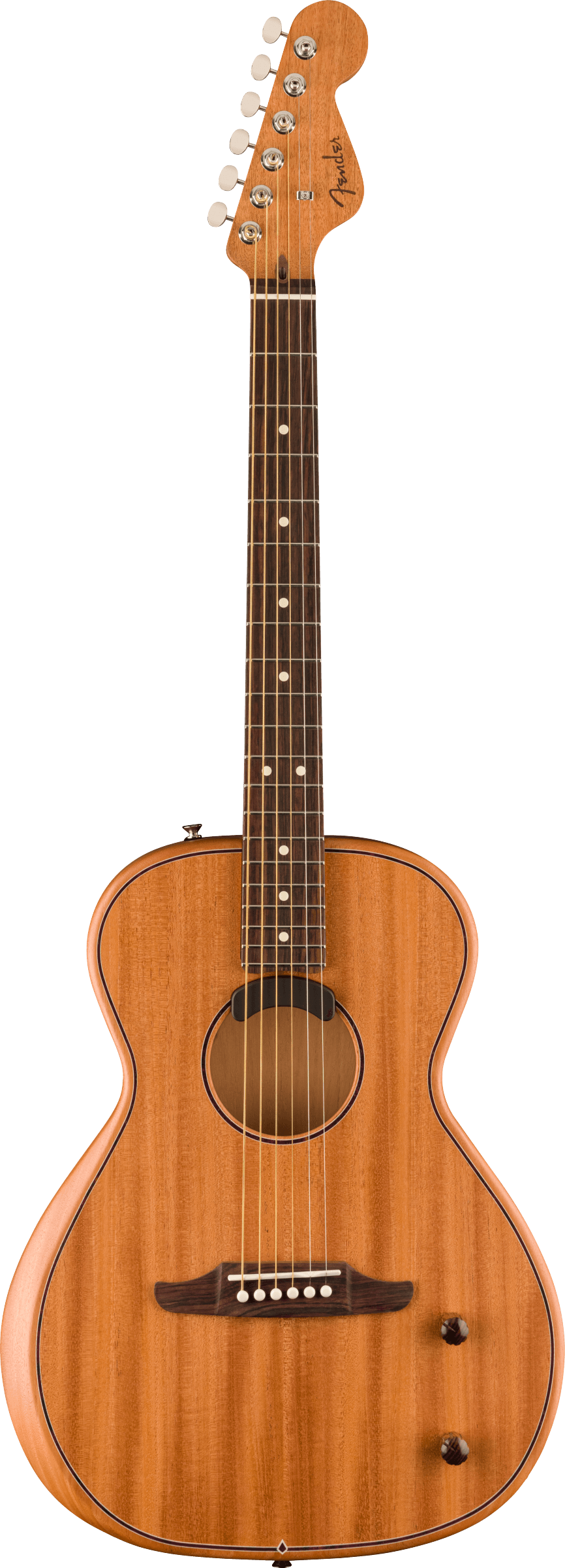 The image shows a Fender classical/parlor-style acoustic guitar with a natural honey-colored wood finish and visible grain. It features a traditional body shape with a sound hole, a dark wood fretboard with white dot markers, six steel strings, a wooden bridge with white pins, six tuning pegs with cream buttons, and the iconic Fender headstock logo. The craftsmanship is clean and classic, suitable for various musical styles.