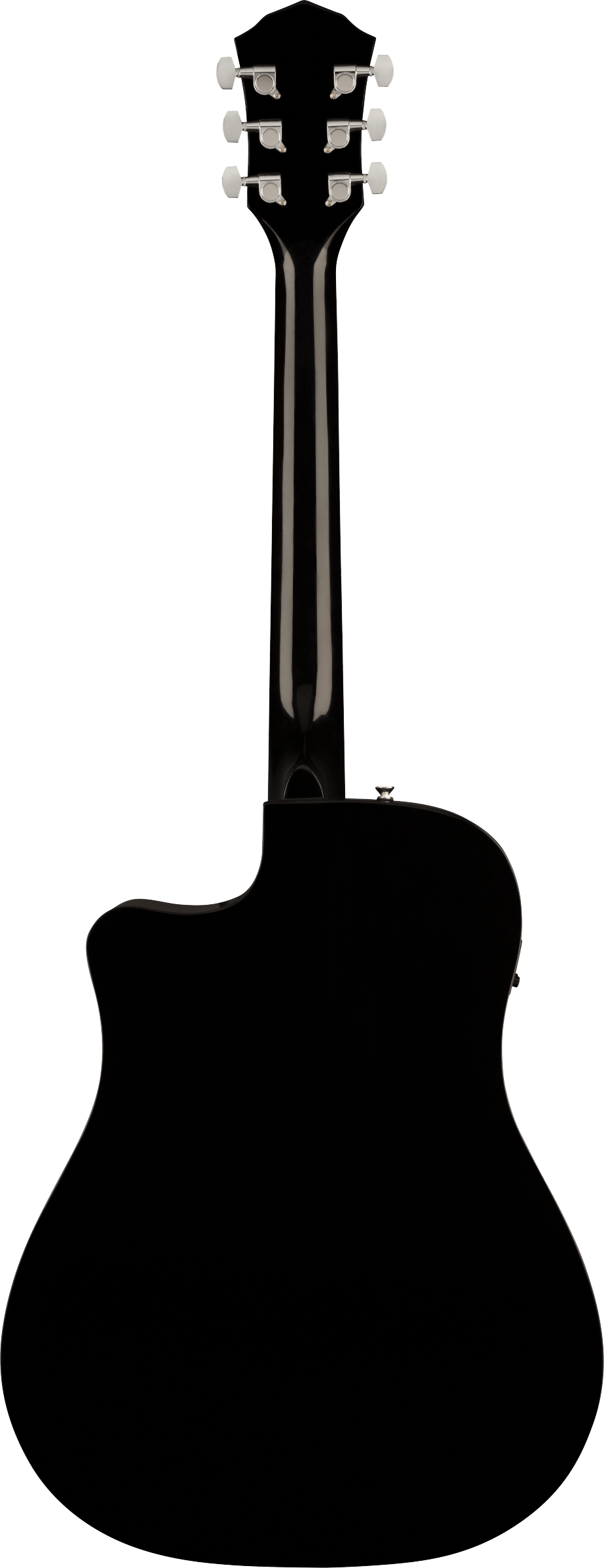 The image shows the rear silhouette of an acoustic guitar with a curved headstock, six tuning pegs in a 3+3 layout, a long neck, and a large dreadnought-style body. It features a cutaway design for easier access to higher frets. The black silhouette is set against a white background, depicting a steel-string acoustic guitar commonly used in folk, country, rock, and pop, likely an acoustic-electric model.