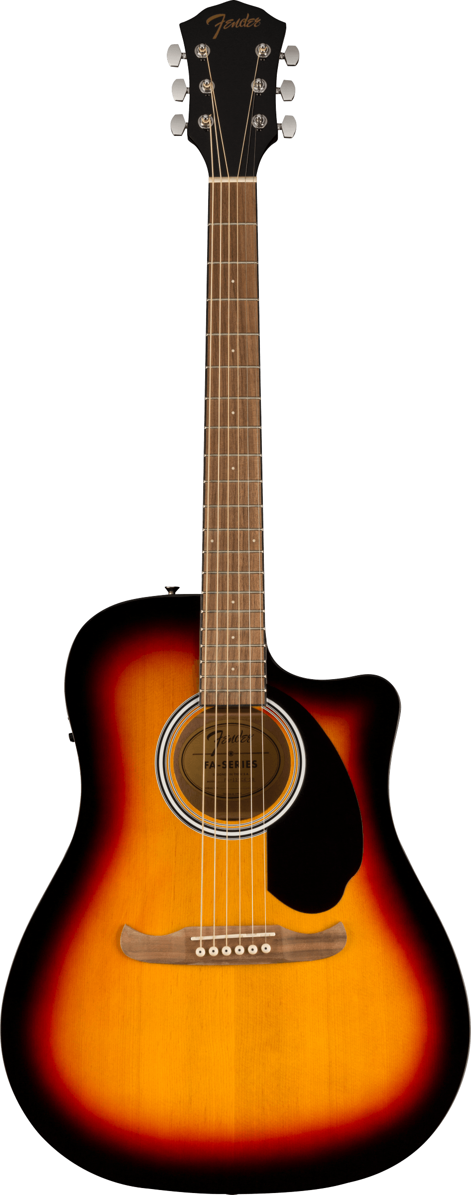 The image shows a Fender acoustic-electric guitar with a cutaway dreadnought body, classic sunburst finish, and black pickguard. It has a natural wood neck and fretboard with markers, six steel strings, chrome tuning pegs, and the gold Fender logo on the headstock. A traditional sound hole with decorative rosette is visible. The cutaway design allows easier access to higher frets, suitable for both unplugged and amplified playing.