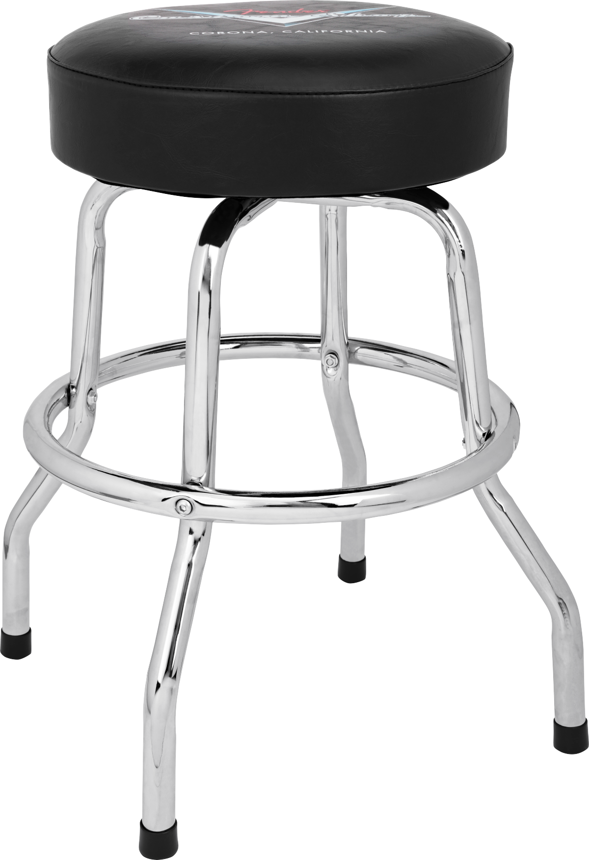 The image shows a classic guitar stool with a round, padded black seat, chrome-plated steel legs in a four-leg design, and a circular footrest ring. It has rubber feet caps to prevent slipping and possible branding on the seat. This sturdy stool is designed for musicians, offering comfortable seating and proper posture for playing guitar or other instruments.