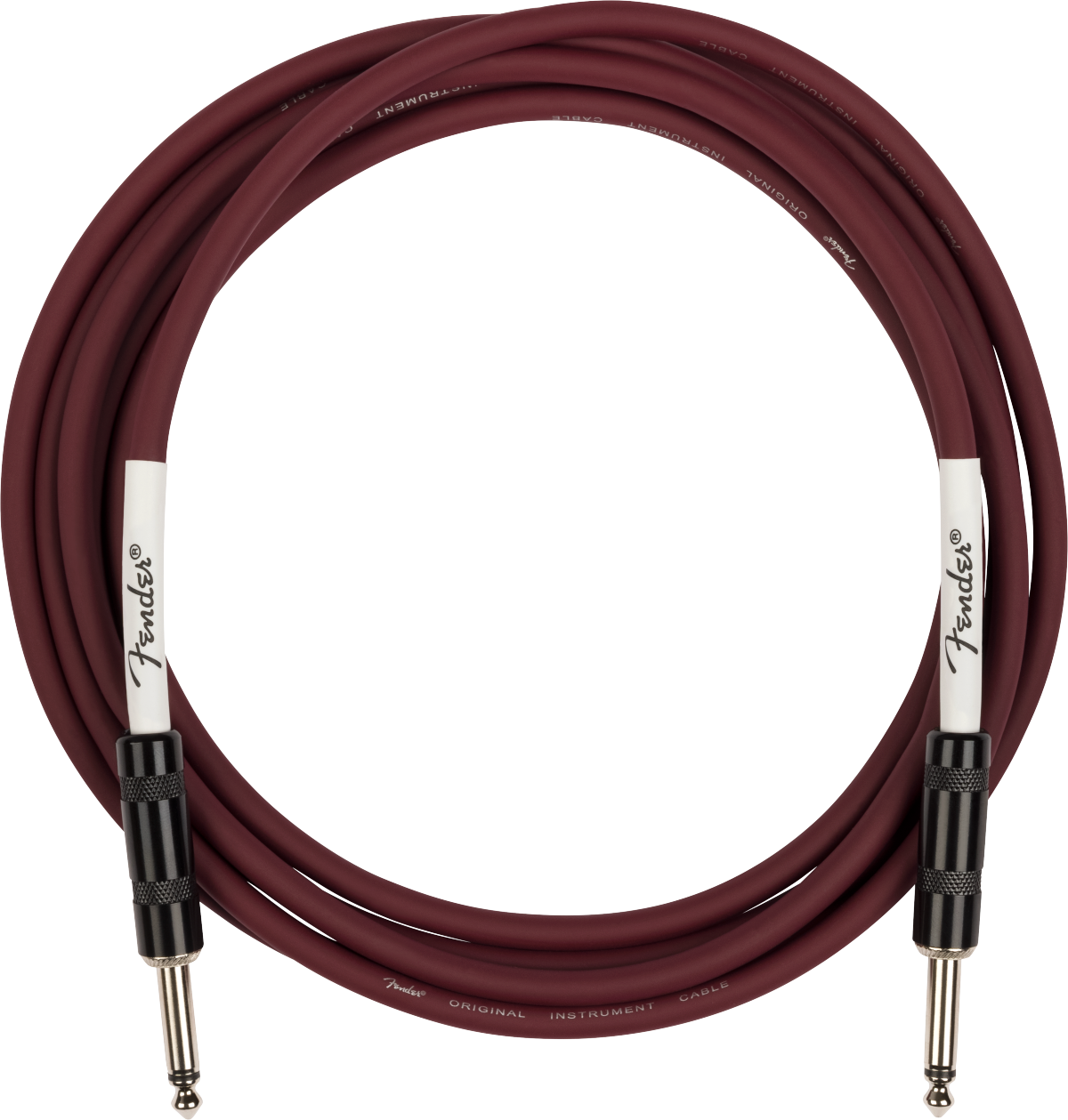 Fender guitar cable with dark red coloring on a white background