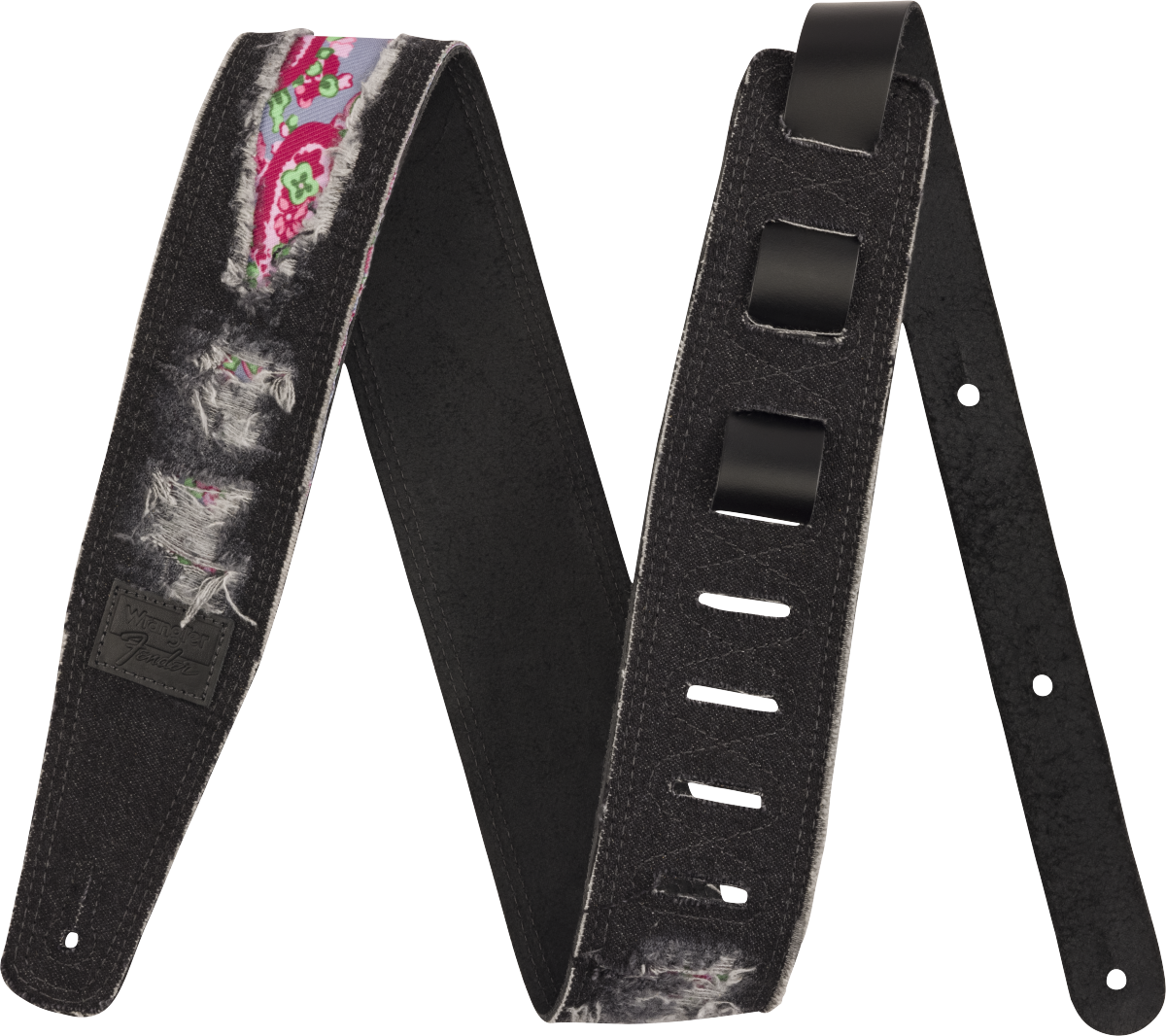 The image shows a black guitar strap featuring colorful floral and paisley patterns in pink and green along its center, with gray feather-like designs and a black leather patch. It has adjustable holes, reinforced ends for attachment, and padding for shoulder comfort. Combining functionality with decorative art, this strap suits various musical styles and helps guitarists play while standing.