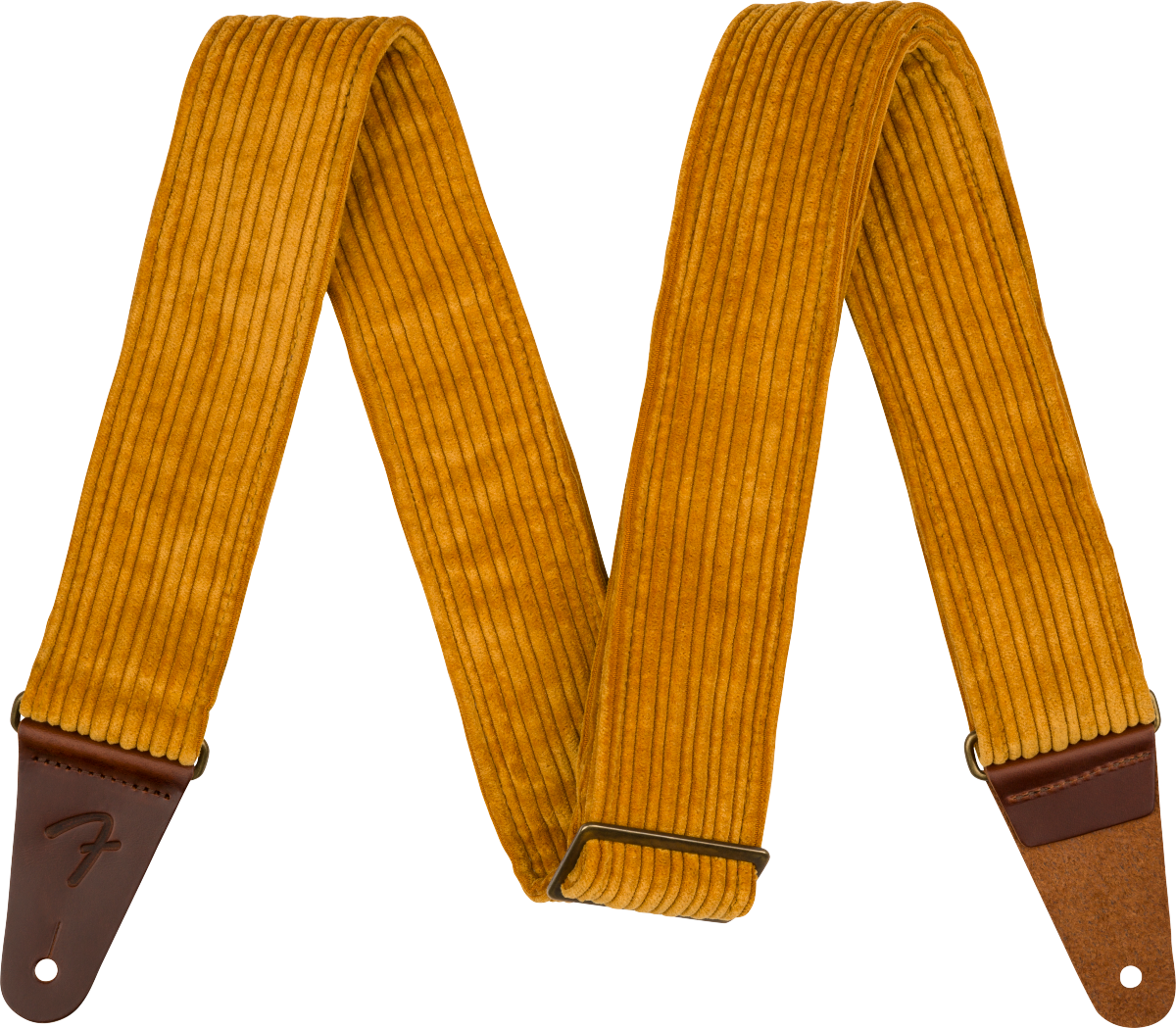 The image shows a guitar strap made of golden yellow corduroy with a ridged texture and brown leather ends, one embossed with a Fender logo. It features an adjustable metal slide buckle and a vintage-inspired design. This strap combines style and function, supporting the guitar when playing standing up while adding a retro, fashionable look.