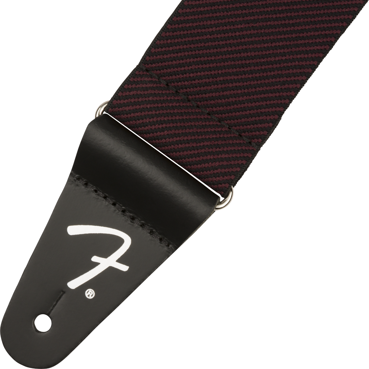 Guitar strap with red and black checkered pattern and Fender logo on a white background