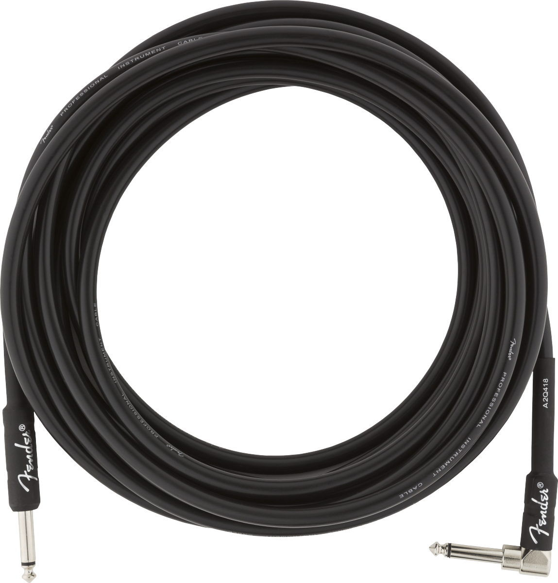 The image shows a black Fender instrument cable with 1/4-inch jack connectors: one straight and one right-angle. Commonly used to connect electric guitars, basses, keyboards, and other instruments to amps or pedals, the right-angle plug helps save space and reduce strain. Fender branding indicates a professional-grade cable designed to deliver clear audio with minimal noise, essential for musicians.