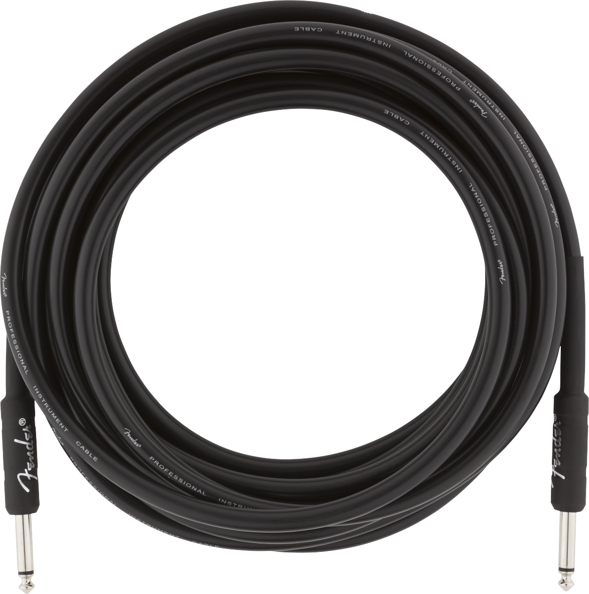 The image shows a Fender Professional Instrument Cable with a black jacket featuring "FENDER" and "PROFESSIONAL INSTRUMENT CABLE" text. It has 1/4" TS connectors on both ends, standard for guitars and basses. The cable is built for reliable signal transmission and appears to be 10+ feet long, ideal for stage or studio use. Fender is a trusted brand known for quality musical instruments and accessories.