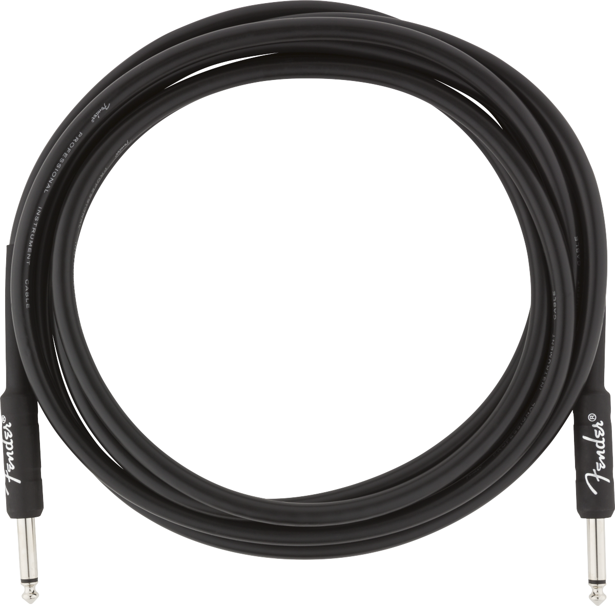 The image shows a coiled black Fender instrument cable with 1/4-inch TS (Tip-Sleeve) plugs on both ends. The cable features Fender branding on the connectors and printed text along the jacket. This professional-quality audio cable is commonly used to connect electric guitars, basses, keyboards, and other instruments to amplifiers or audio equipment.