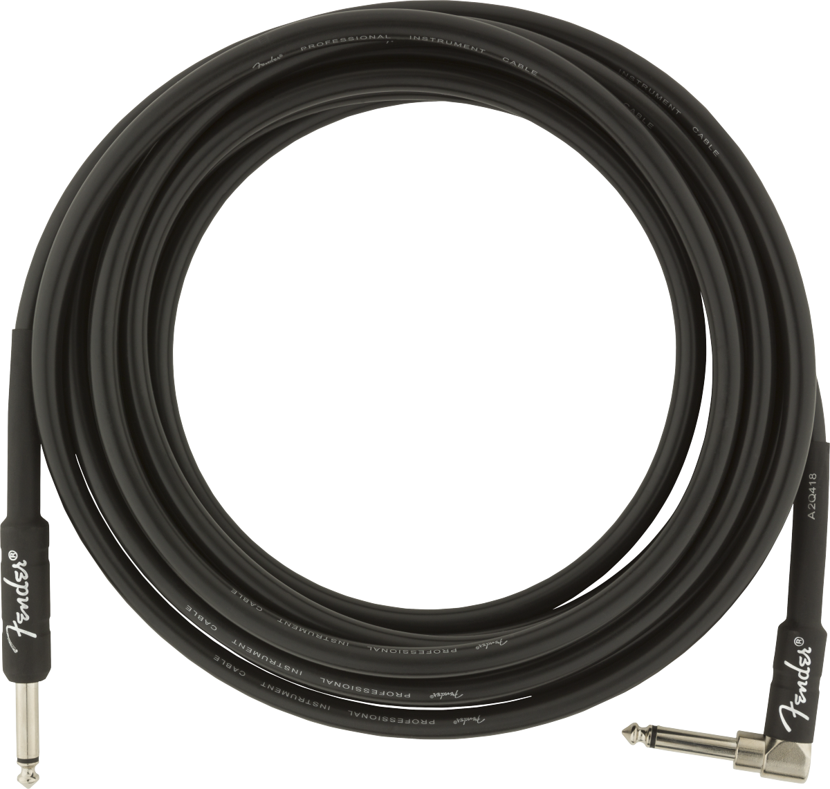 The image shows a black Fender professional instrument cable with the Fender logo and "Professional Instrument Cable" text along its length. It has standard 1/4" TS connectors, one straight and one right-angle plug, ideal for guitars and other instruments. This high-quality cable is used to connect electric instruments to amplifiers, pedals, or audio equipment, ensuring reliable signal transmission for live and studio use.