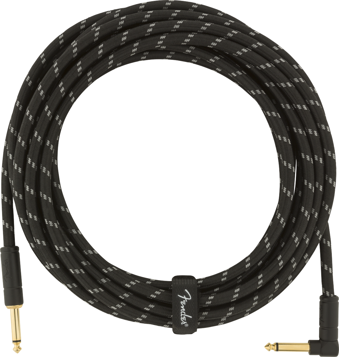 The image shows a Fender instrument cable with a black braided exterior and gold-plated 1/4" connectors—one straight and one right-angle plug. It includes a Fender-branded cable tie. Designed for electric guitars, basses, and keyboards, the cable offers durability, reduced interference, and reliable signal quality, with the right-angle plug minimizing strain on the instrument’s input jack.