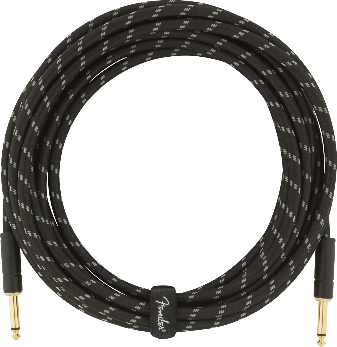 The image shows a professional Fender instrument cable with a black braided exterior featuring white/gray accents. It has gold-plated 1/4" TS connectors on both ends and is coiled, indicating a length of 15-20 feet. The cable includes visible Fender branding and is designed to reduce interference and ensure reliable signal transmission for electric guitars, basses, and other electronic instruments.