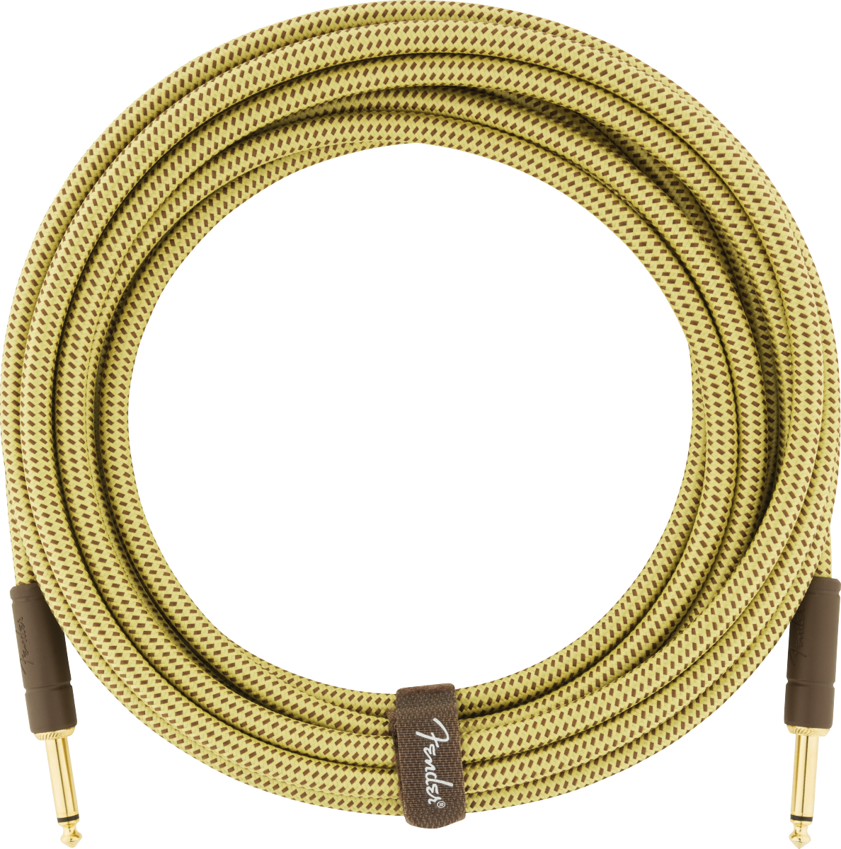 The image shows a high-quality Fender coiled guitar cable with gold-plated 1/4" plugs, a durable tweed-patterned woven fabric exterior, and a brown Fender-branded leather strap. Its vintage design echoes Fender’s 1950s amplifier covers. This premium cable is designed to prevent tangling and deliver reliable signal transmission, making it ideal for electric guitars, basses, and related gear.
