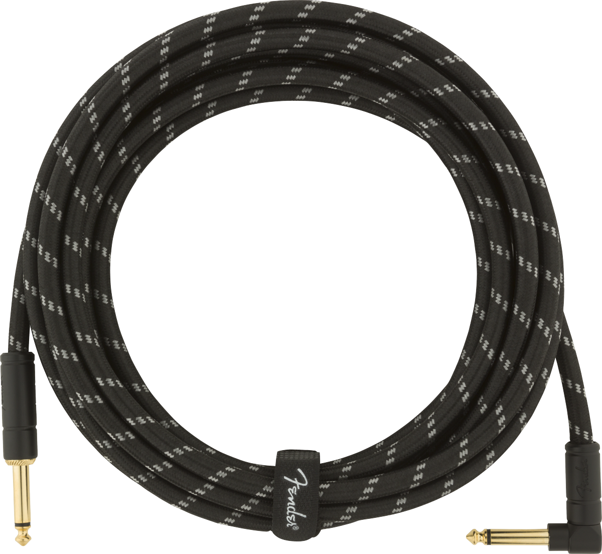 The image shows a high-quality instrument cable with a black braided exterior and white accents. It has gold-plated 1/4" TS connectors—one right-angle and one straight—for reduced strain. A Fender-branded cable tie secures it. The durable braided shielding minimizes interference, ensuring clear signal transmission. This premium cable is ideal for guitars, basses, and other electric instruments.
