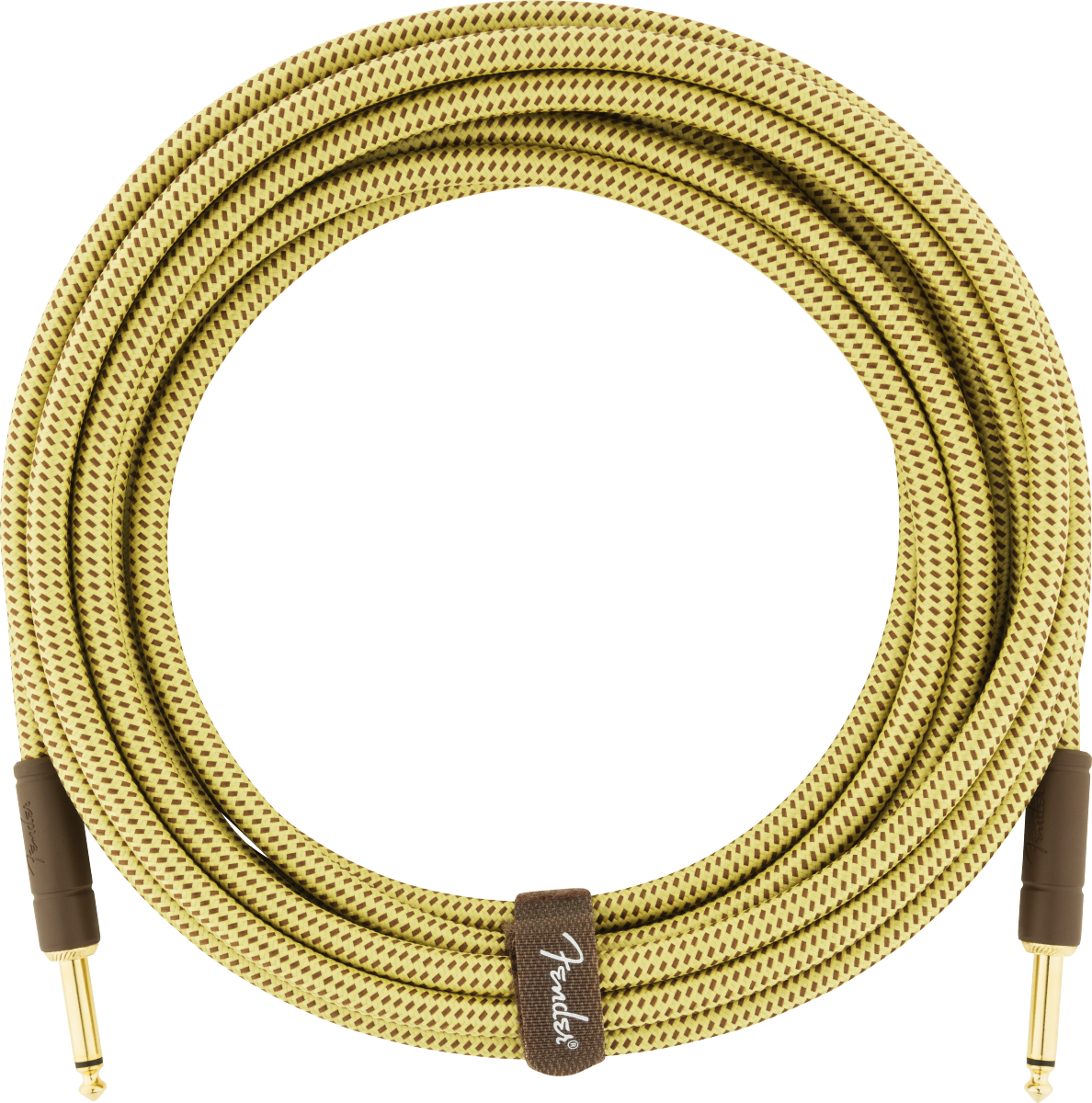 The image shows a Fender guitar cable with a woven tweed yellow-brown fabric jacket, gold-plated 1/4" TS connectors, and brown leather-style cable ties featuring the Fender logo. Designed for electric guitars and instruments, it connects to amps and pedals. The vintage-style woven exterior provides durability and matches Fender’s classic look while ensuring good signal clarity.