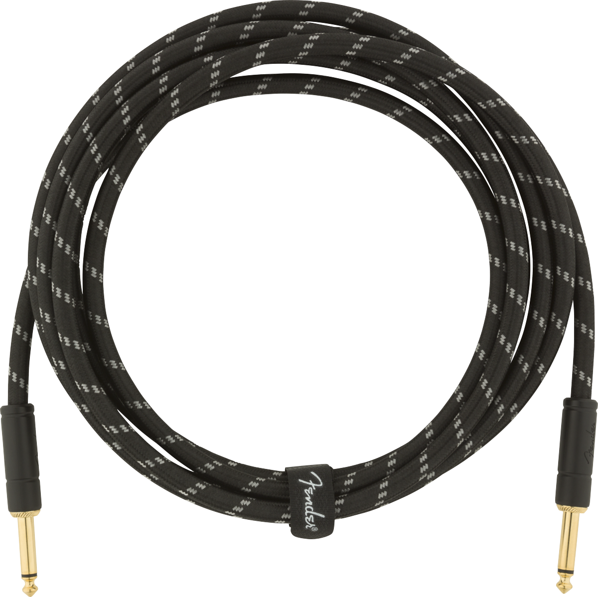 The image shows a Fender instrument cable with gold-plated 1/4" connectors on both ends and a black braided jacket. The durable woven design reduces tangling, and the cable features Fender branding. This professional-grade cable is designed for electric guitars, basses, and other instruments, ensuring reliable signal transmission and minimizing interference for stage or studio use.