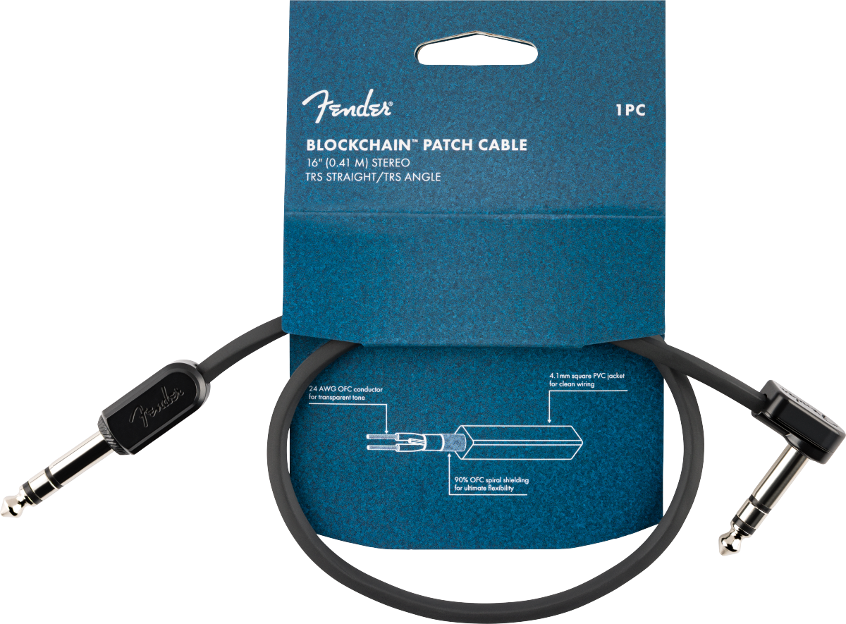 The image shows a Fender Blockchain Patch Cable, a 16" (0.41m) stereo TRS cable with one straight and one angled connector. It features 24 AWG oxygen-free copper conductors, 90% OFC spiral shielding, and a 4.1mm PVC jacket. The black cable has Fender branding on the connectors and comes in blue packaging. Designed for guitar pedals and audio gear, it’s ideal for compact pedalboards and studio setups.