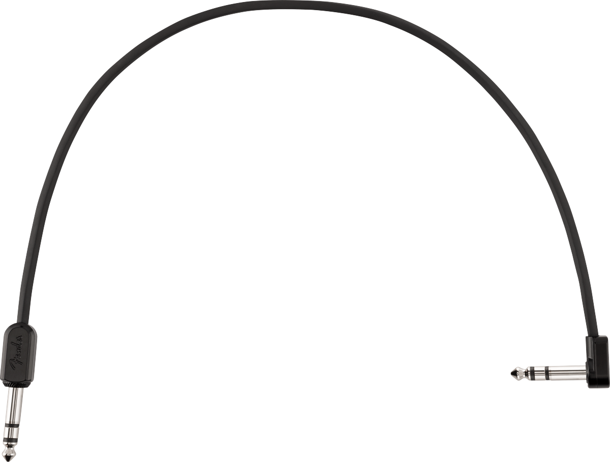 The image shows a short black audio patch cable with 1/4" TS connectors, featuring one straight plug and one right-angle plug. The cable appears branded "Fender" and is designed for connecting instruments like guitars or basses to amps, pedals, or audio gear. Its compact, flexible design makes it ideal for tight spaces and minimizing cable strain.