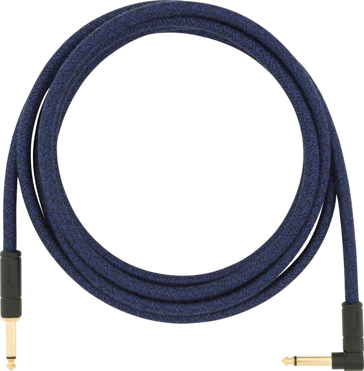 The image shows a guitar instrument cable with a blue and black braided fabric sleeve featuring a chevron pattern. It has gold-plated 1/4" TS connectors, one straight and one right-angle plug. The durable, professionally made cable is used to connect electric instruments like guitars and basses to amps, pedals, or audio equipment, offering protection and flexible connection options.