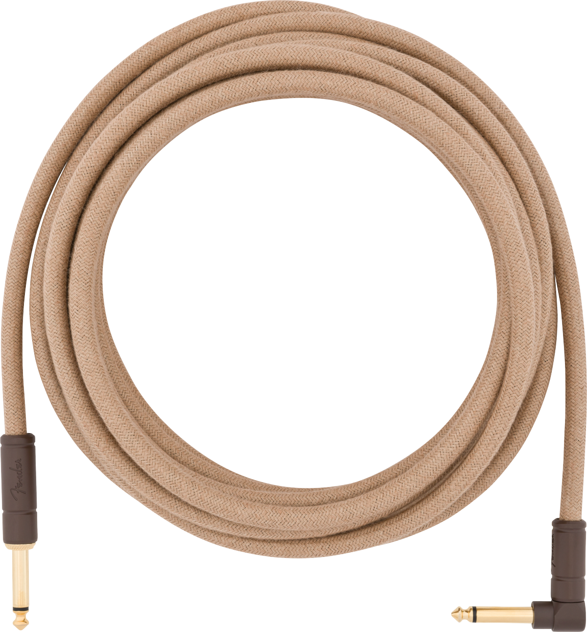 The image shows a guitar instrument cable with a tan braided cloth exterior for durability and a vintage look. It has 1/4" mono gold-plated connectors—one straight and one right-angle—for versatile connections to guitars, pedals, or amps. This high-quality cable ensures reliable signal transmission while minimizing noise and protects internal wiring with its cloth covering.