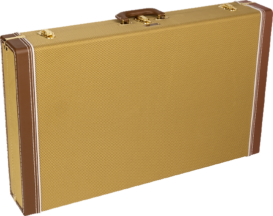 The image shows a classic hardshell guitar case with a vintage-inspired design. It features a tan textured exterior, brown leather or vinyl binding, and gold metal hardware. The sturdy rectangular case offers strong protection and secure latches. Its tweed-style look is favored by musicians for combining vintage aesthetics with functionality. Only the exterior is visible in the image.