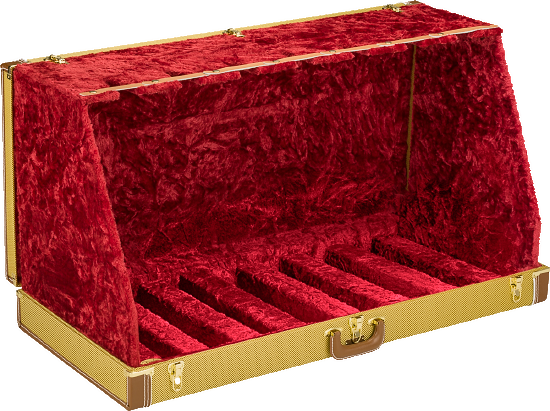 The image shows a multi-guitar display case with a deep red crushed velvet interior, gold/brass trim and hardware, and multiple neck slots holding 5-7 guitars. It has a hard shell exterior with professional latches and hinges. Designed for collectors, stores, or touring musicians, it offers secure, scratch-protective storage and an elegant, premium look ideal for transport and display.