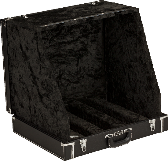 The image shows an open black hard-shell guitar case with a plush, velvet-like interior. It features metal corner reinforcements, latches, a side handle, and padded compartments designed to securely hold and separate multiple guitars. This professional-grade case is built for safe transport and protection of several instruments, commonly used by musicians, guitar techs, or collectors.