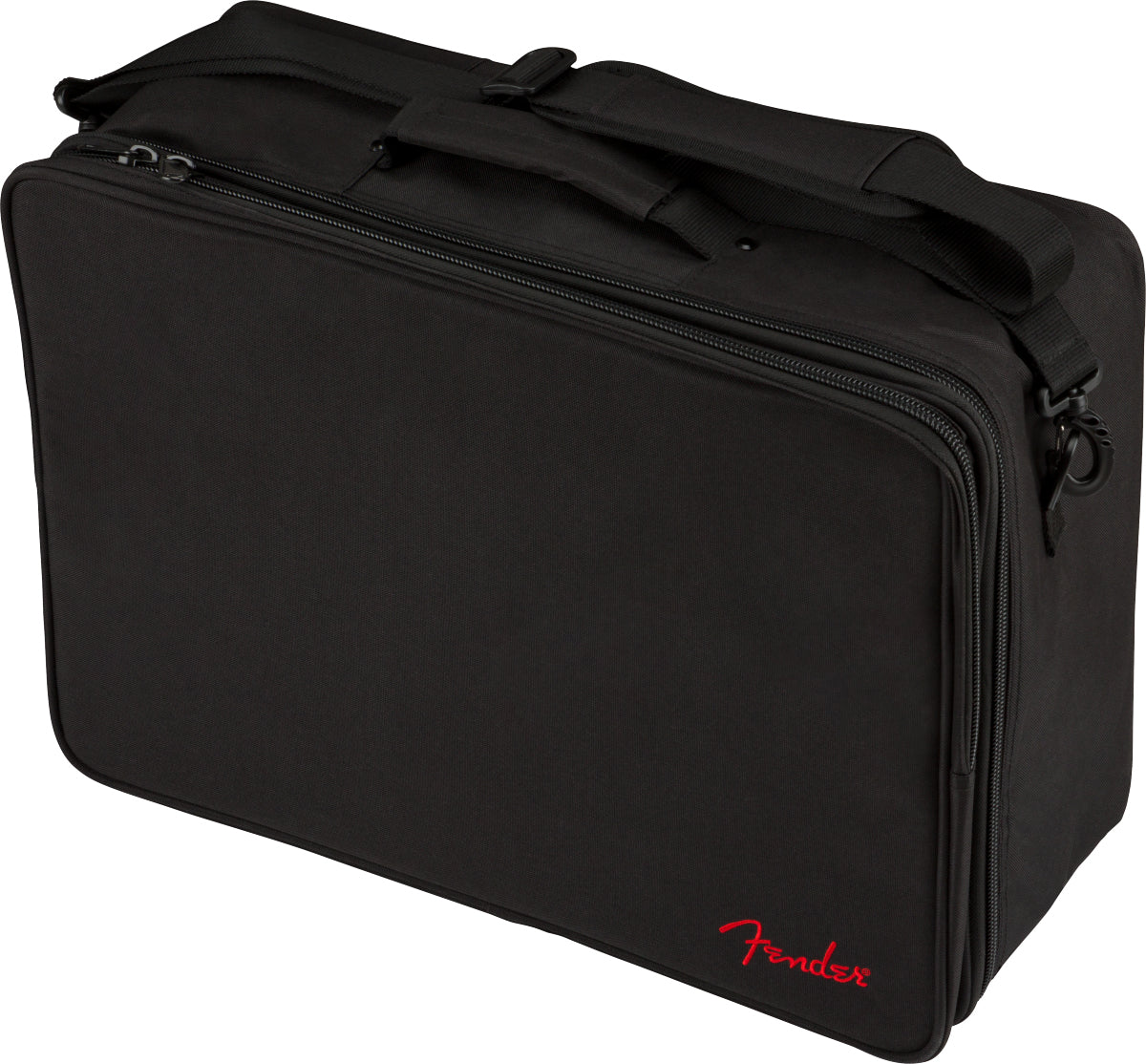 The image shows a black padded Fender carrying case, likely for an amplifier or audio gear. It features durable nylon or canvas material, multiple zippered compartments, an adjustable shoulder strap, carrying handles, and the red Fender logo on the bottom right. Designed for musicians, it offers professional protection and portability for transporting amplifiers, pedals, cables, and other accessories.