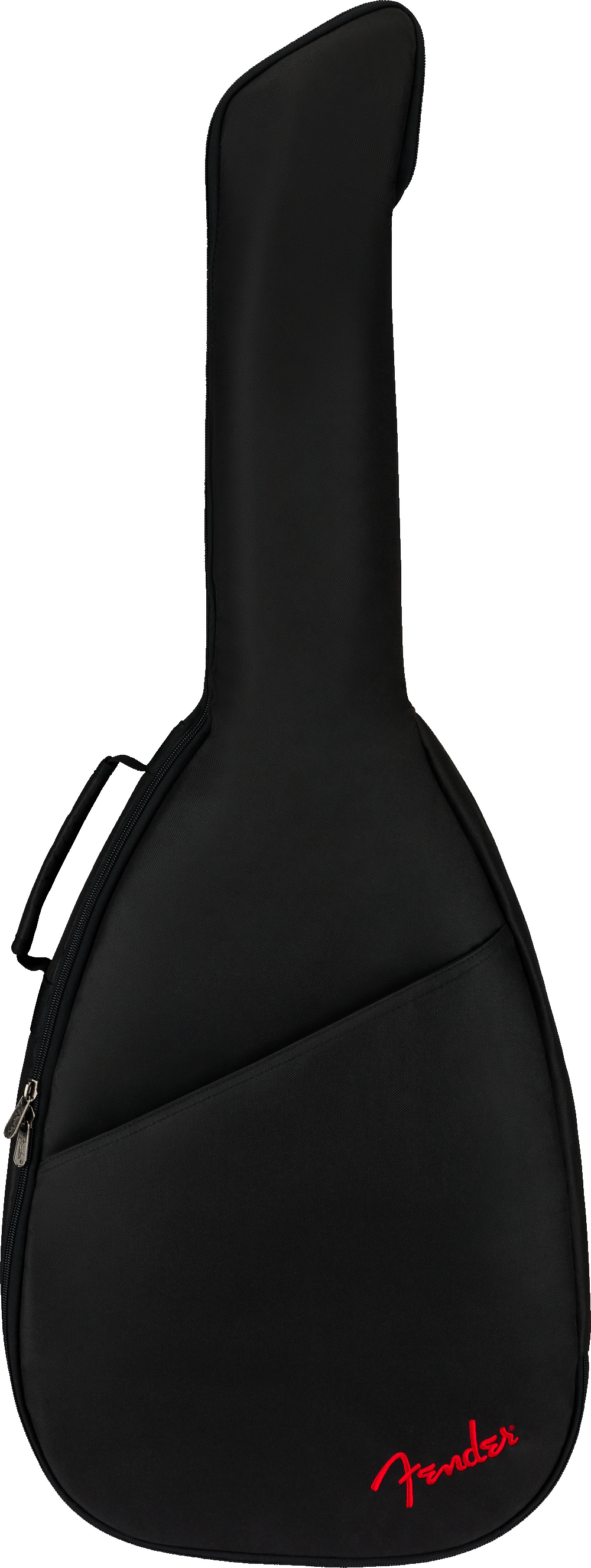 The image shows a black padded Fender guitar gig bag with a guitar-shaped profile, zippered closure, and carrying handles. It features the red Fender logo at the bottom. This soft case offers lightweight protection and portability for transporting acoustic or electric guitars, making it essential gear for musicians on the move.