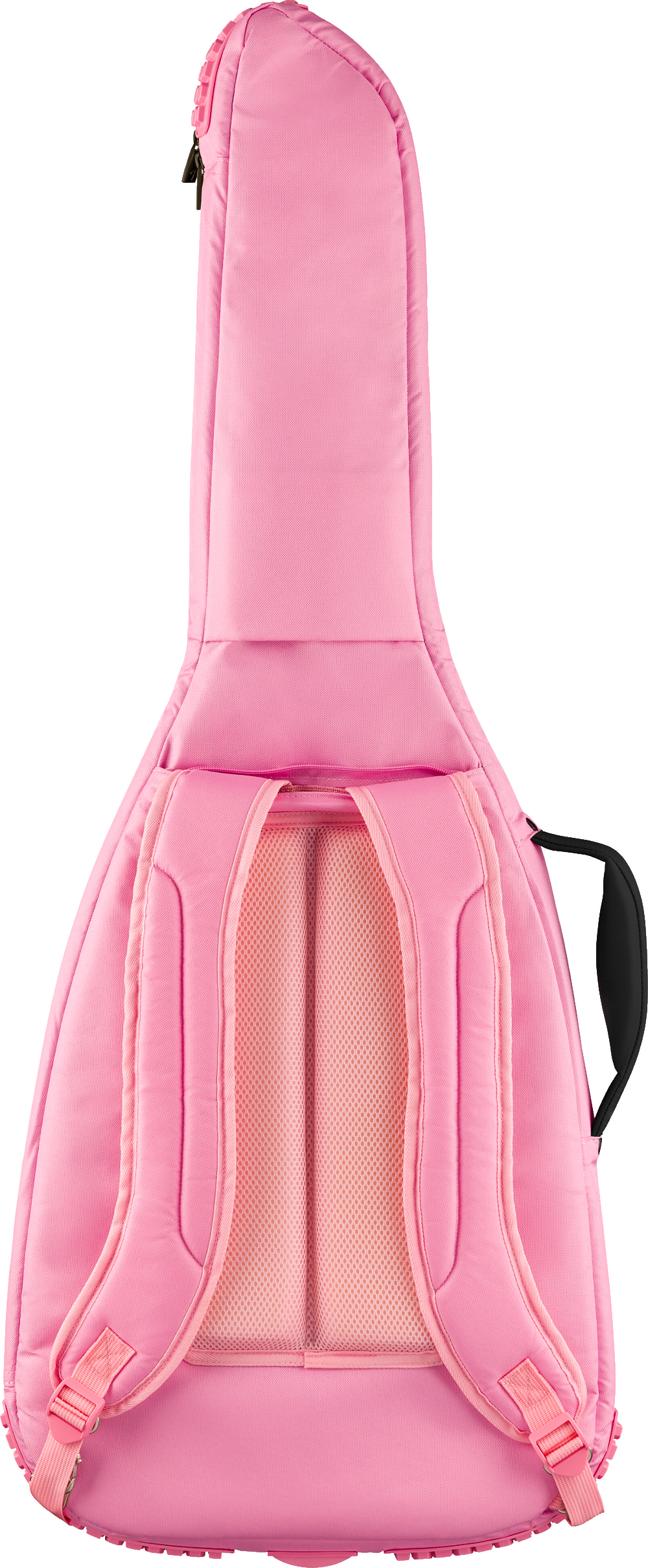 The image shows a bright pink padded guitar gig bag with a tapered guitar shape. It features backpack-style mesh-padded shoulder straps, a top carry handle, and a full-length zipper. Designed for protection and easy transport, this soft case is popular with guitarists for its comfort, padding, and standout color.