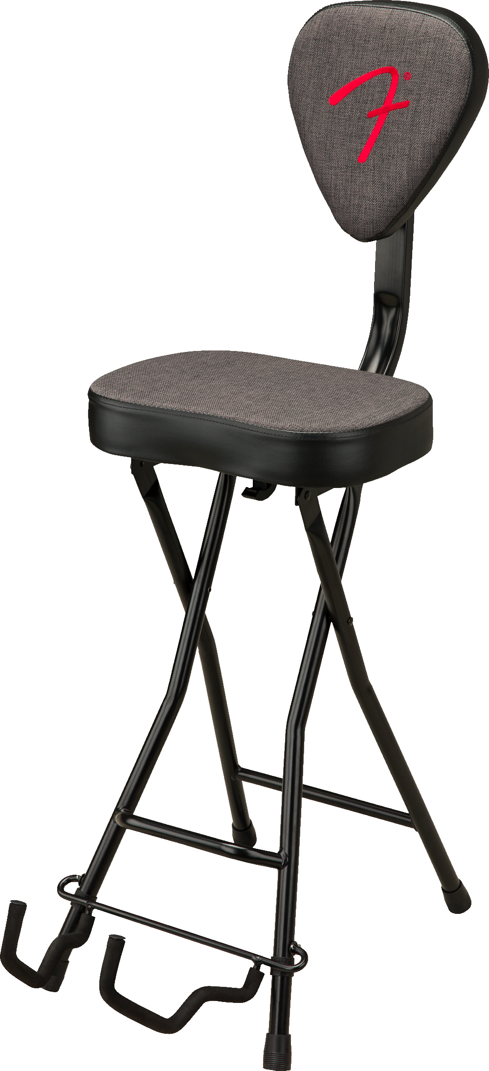 The image shows a foldable, height-adjustable musician’s stool with a padded gray seat and backrest featuring a red Fender logo. It has a black metal X-style frame and a built-in guitar stand at the base for resting instruments. Designed for guitarists and other musicians, this ergonomic stool combines comfort and practicality in an official Fender-branded accessory.