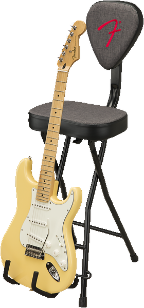 The image shows a cream Fender Stratocaster-style electric guitar with a maple neck on a tripod guitar stand. Next to it is a black padded musician’s stool with a red Fender logo and X-shaped folding legs. This setup reflects a typical electric guitar practice or performance area with essential accessories and coordinated Fender branding.