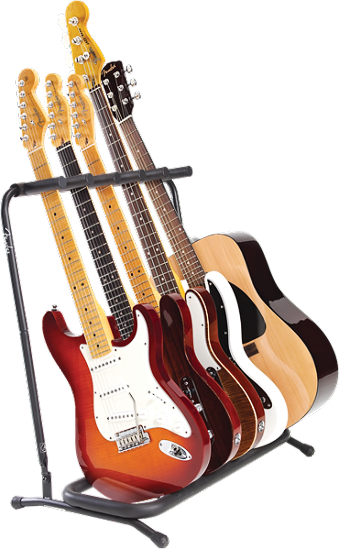The image shows a black metal multi-guitar stand holding several guitars. It includes Stratocaster-style electric guitars, one with a sunburst finish and white pickguard, and a natural wood-colored acoustic guitar on the right. The sturdy rack is designed to organize, protect, and provide easy access to multiple instruments, commonly used by musicians, music stores, or studios.