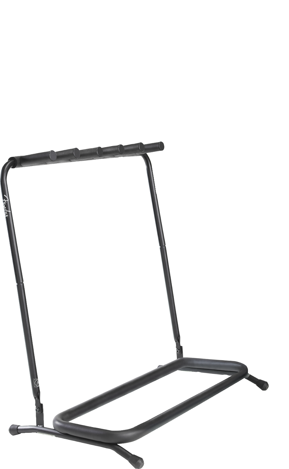 The image shows a black metal multi-guitar stand with a tripod base and angled top rail holding five guitar neck holders. It features adjustable height, a sturdy rack-style design, and a visible "Fender" logo. The stand supports various guitars, including acoustic, electric, and bass, for secure and accessible storage, commonly used by musicians, studios, and music stores.