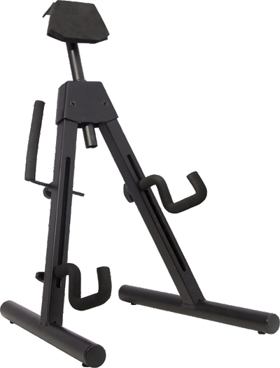 The image shows a black, adjustable tripod-style guitar stand with a stable metal base. It features padded contact points at the top and neck supports to protect the guitar’s finish. The A-frame, foldable legs provide portability, and multiple contact points cradle both the body and neck. Suitable for acoustic and electric guitars, it’s commonly used to securely hold instruments in homes, studios, and performance spaces.