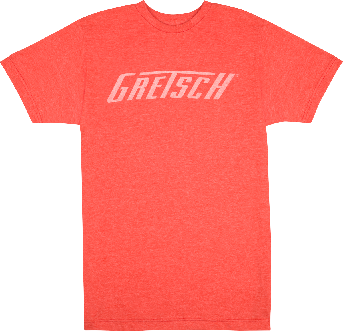 The image shows a coral/orange-red t-shirt with "GRETSCH" printed in white across the chest. This shirt is branded merchandise from Gretsch, a renowned musical instrument company known for guitars, drums, and other instruments since 1883. Gretsch is especially famous for its hollow-body electric guitars favored by many iconic musicians.