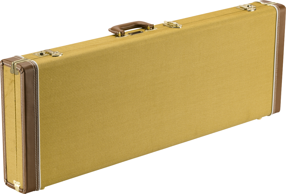 The image shows a classic electric guitar hard case with a golden-yellow tweed exterior, brown leather-like trim, and brass-colored metal hardware. It has a brown leather handle and a rectangular, elongated shape typical of electric guitar cases. The vintage-style tweed covering and reinforced corners provide both a retro aesthetic and sturdy protection for guitars during transport and storage.