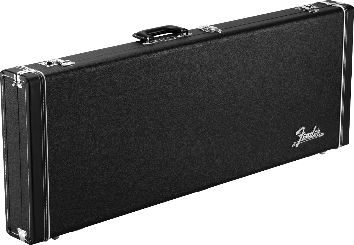 The image shows a classic black Fender hardshell guitar case with chrome metal hardware, including latches, hinges, and a carrying handle. The white Fender logo is prominently displayed on the front. Designed for electric guitars, the sturdy case features reinforced corners and secure latches to protect instruments during transport and storage. Its textured black exterior offers durability and a professional look, making it a trusted choice for guitarists.