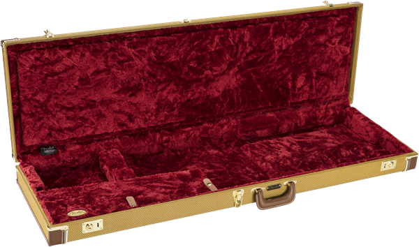 The image shows a deluxe electric guitar case with a hard golden/tweed exterior and plush burgundy interior. It has custom compartments for the guitar’s body, neck, and headstock, metal latches, corner reinforcements, a carrying handle, and a small accessory compartment. Designed to protect guitars during transport, it prevents damage with a secure, fitted interior and durable outer shell.