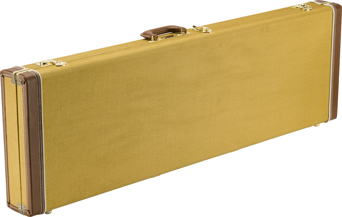 The image shows a vintage-style hardshell guitar case with a golden yellow textured exterior, brown leather corner guards, and brass hardware. It features a rectangular, elongated shape with a brown leather handle. The sturdy, professional-grade case is designed to protect and transport electric guitars, reflecting a classic 1950s-60s look.
