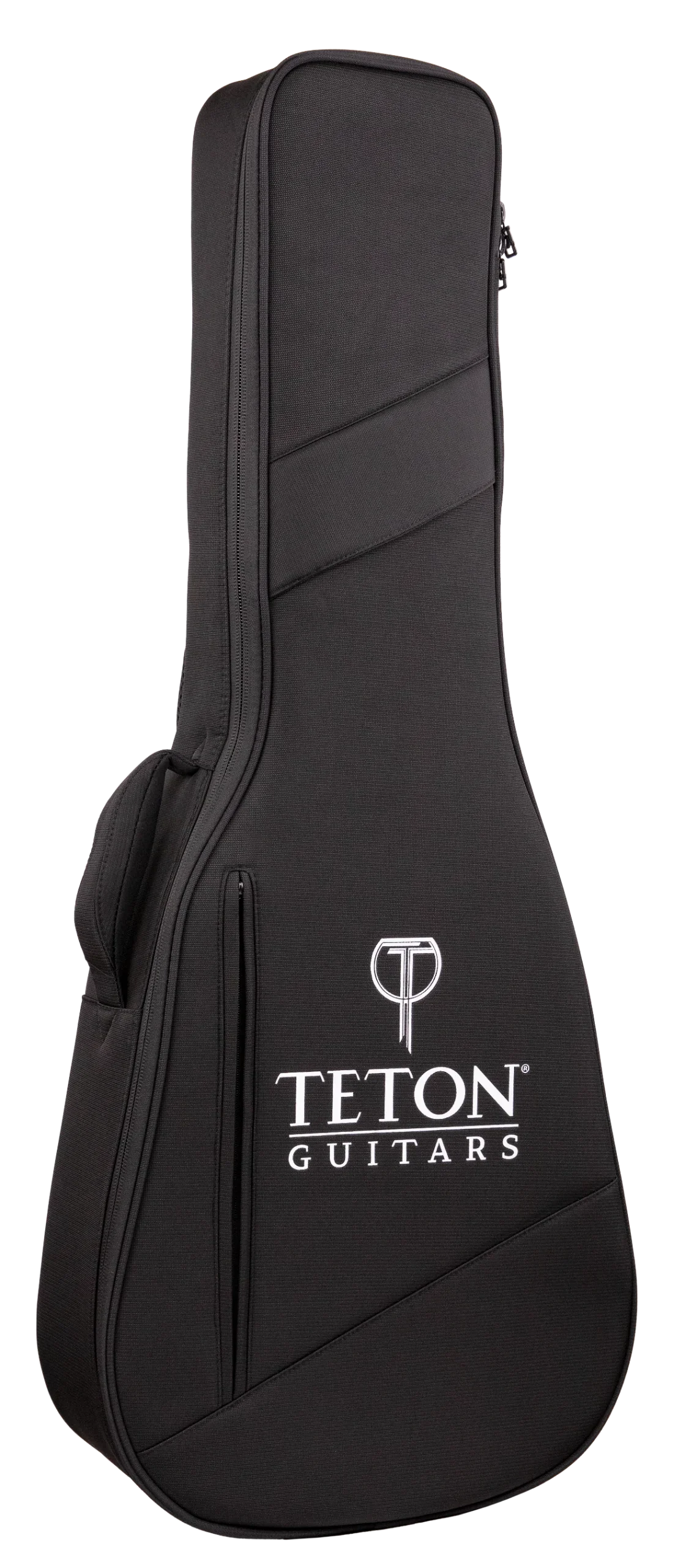 The image shows a black Teton Guitars soft gig bag made of durable fabric with padded protection. It features the white Teton logo and "T" symbol on the front, diagonal seam design, dual zippers, a top carrying handle, and a shoulder strap attachment. This lightweight, portable case is ideal for safely transporting acoustic guitars or similar-sized string instruments.
