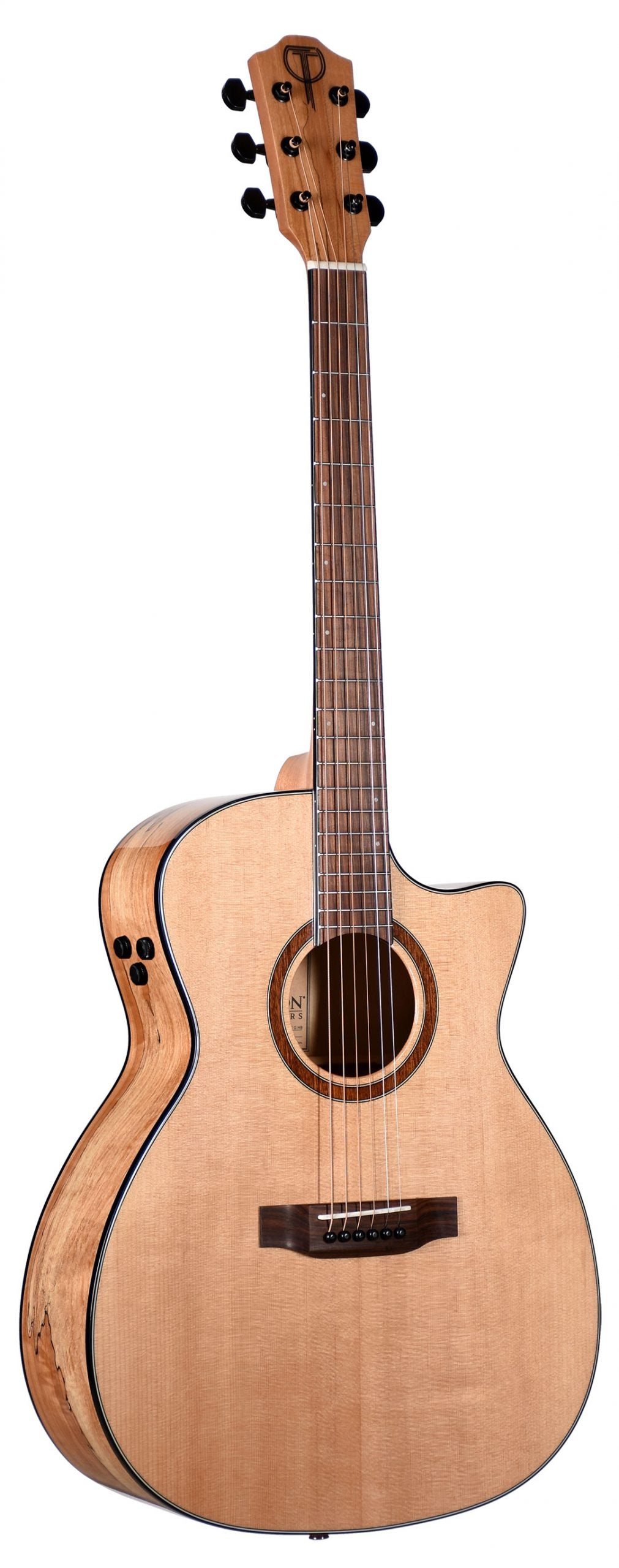 The image shows an acoustic-electric guitar with a single cutaway body, natural light-colored top, and darker wood back and sides. It features a dark fretboard with inlays, a traditional sound hole with rosette, onboard preamp controls on the upper bout, six tuning pegs with black buttons, and a steel-string bridge. This well-crafted guitar suits various styles and both unplugged and amplified playing.