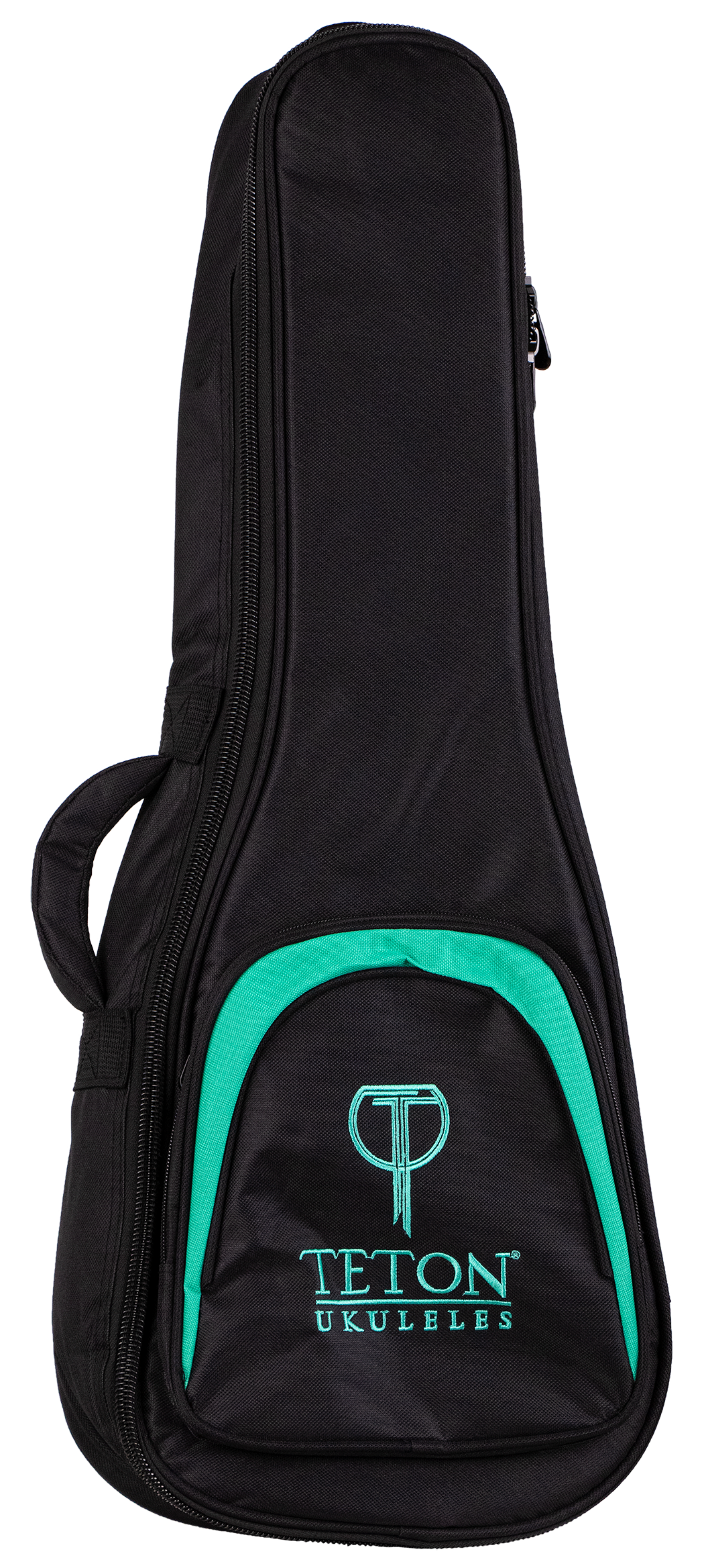 The image shows a Teton TBT12TL Tenor Ukulele Gig Bag, designed to protect and carry a tenor-sized ukulele. The bag features a black exterior with a front zippered pocket and padded shoulder straps for easy transport. It showcases the Teton logo and appears sturdy and well-padded, ideal for musicians seeking durable ukulele protection.