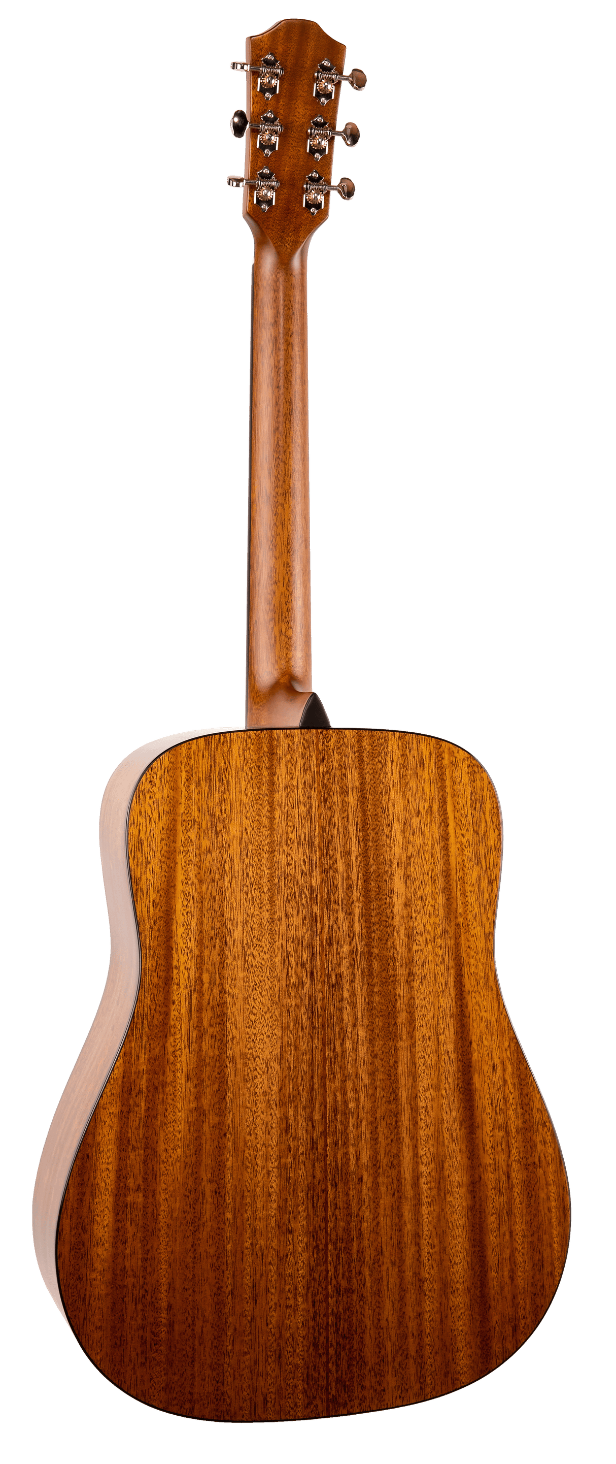 The image shows the back of an acoustic guitar with a rich brown wood finish and visible grain. It has a dreadnought-style body, six chrome tuning pegs on the headstock, and a solid wood back, likely mahogany. The classic silhouette features a long neck extending from the body. The guitar's quality craftsmanship suggests it is suitable for various music styles and appeals to both amateur and professional players.